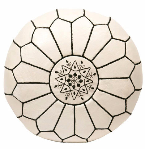 Moroccan Leather Pouf Black On White