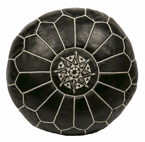 Moroccan Leather Pouf White On Black