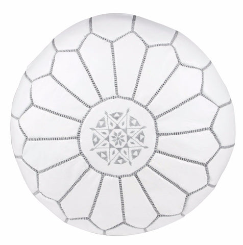 Moroccan Leather Pouf Gray On White