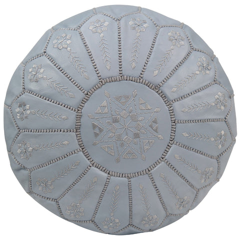 Moroccan Leather Pouf Ice Grey Starbust Stitch