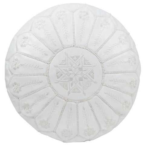 Moroccan Leather Pouf White Starbust Stitch